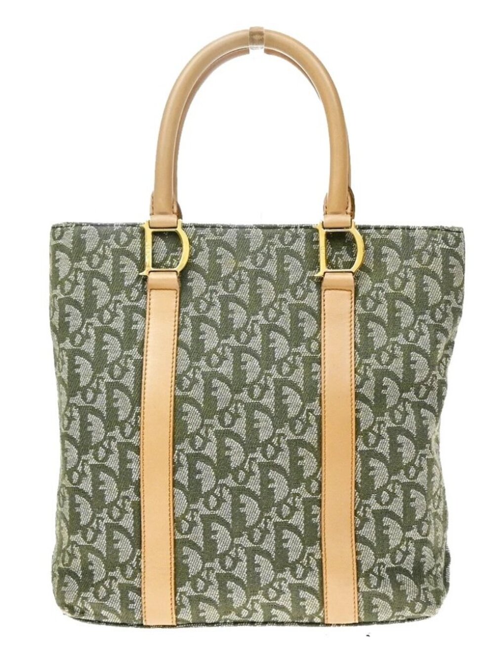 CHRISTIAN DIOR Logo Trotter Pattern Hand Tote Bag Canvas Leather Green 93YJ559